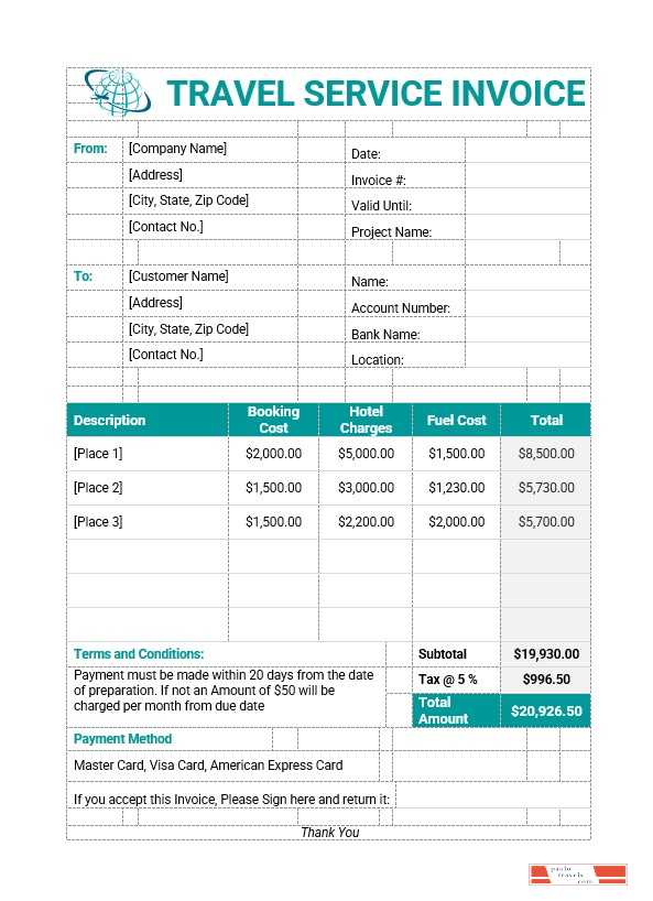 Sample Travel Service Invoice Template PSD template